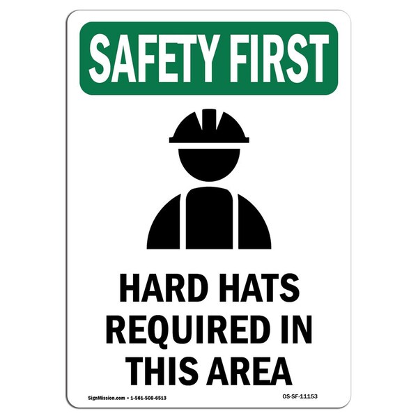 OSHA Sign, Hard Hats Required W/ Symbol, 24in X 18in Rigid Plastic, 18" W, 24" H, Portrait